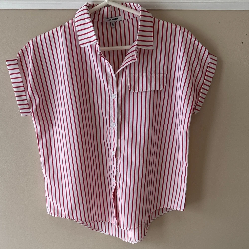 Red and White Striped Button-Up Shirt - Picture 1 of 6